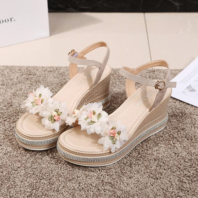 New Female Ankle Strap Buckle Rhinestone Crystal Sandals 2023 Summer Women Round Toe High Heels Fashion Ladies Wedges Shoes Gold