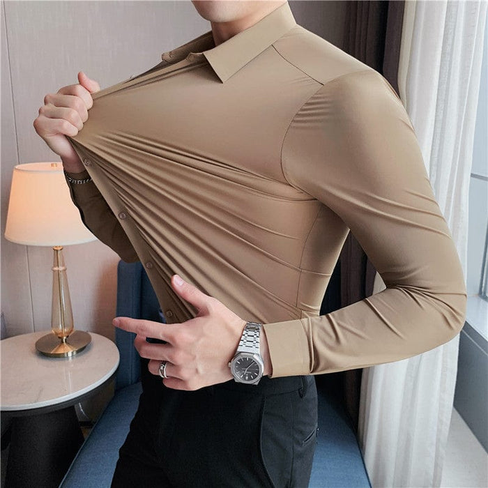 Non-iron seamless stretch silk men's shirt long-sleeved new solid color business professional overalls work shirt