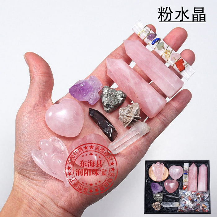 Natural Crystal Set Amethyst Rose Quartz Angel Heart Crystal Rubble High Quality Gift Box Home Decor