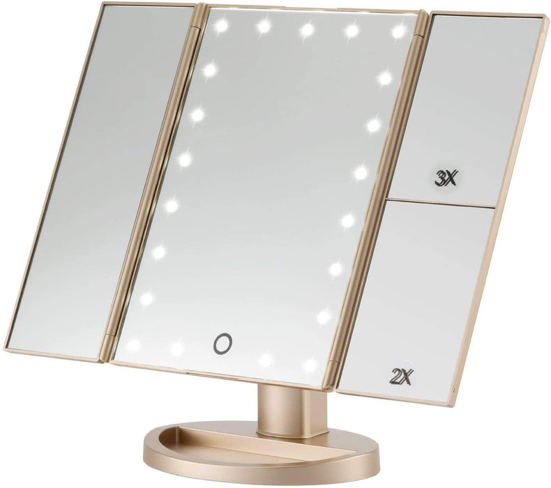 Desktop LED makeup three-sided folding mirror 2X3X10X magnifying makeup mirror dressing table mirror tri-folding mirror with light