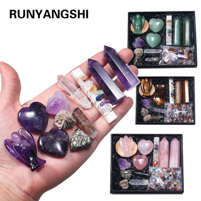 Natural Crystal Set Amethyst Rose Quartz Angel Heart Crystal Rubble High Quality Gift Box Home Decor