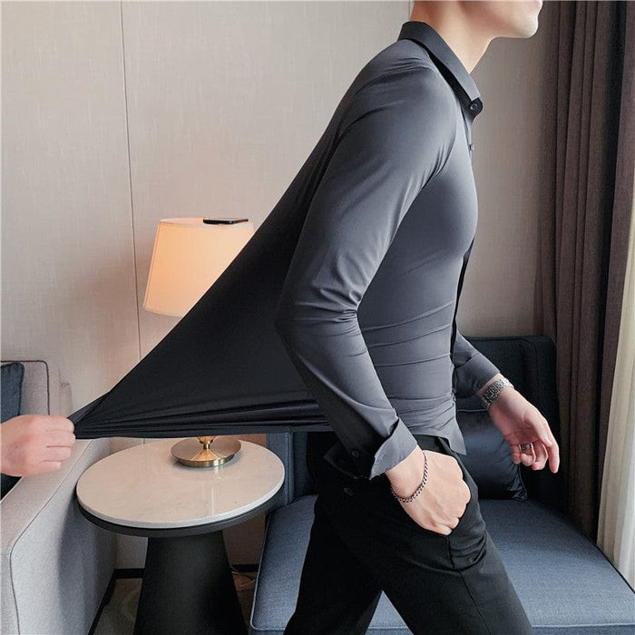 Non-iron seamless stretch silk men's shirt long-sleeved new solid color business professional overalls work shirt