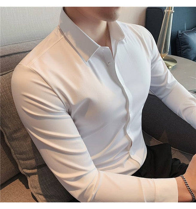 Non-iron seamless stretch silk men's shirt long-sleeved new solid color business professional overalls work shirt