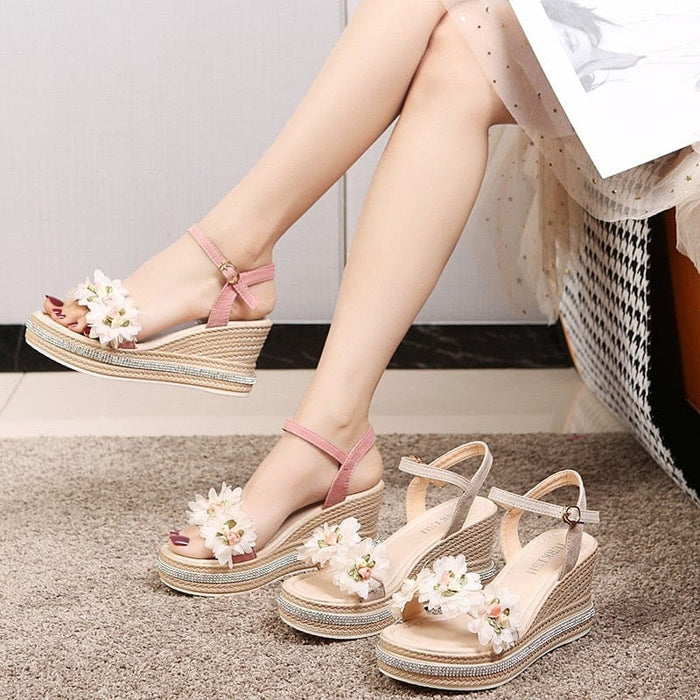 New Female Ankle Strap Buckle Rhinestone Crystal Sandals 2023 Summer Women Round Toe High Heels Fashion Ladies Wedges Shoes Gold