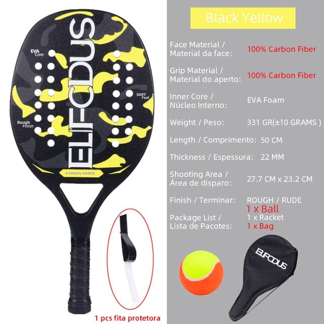 High Quality 3K Carbon and Glass Fiber Beach Tennis Racket Soft Face Tennis Racquet with Protective Cover Ball